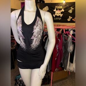 Liberty Wear Pink Angel Wings Halter Strappy Top